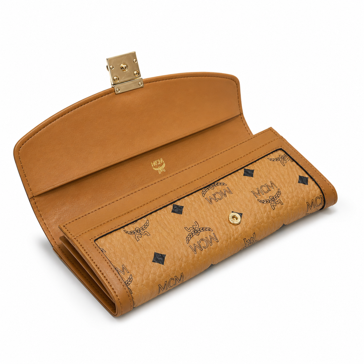 MCM Cognac-colored all-over print with gold clasp multi-card slot zippered clutch for women