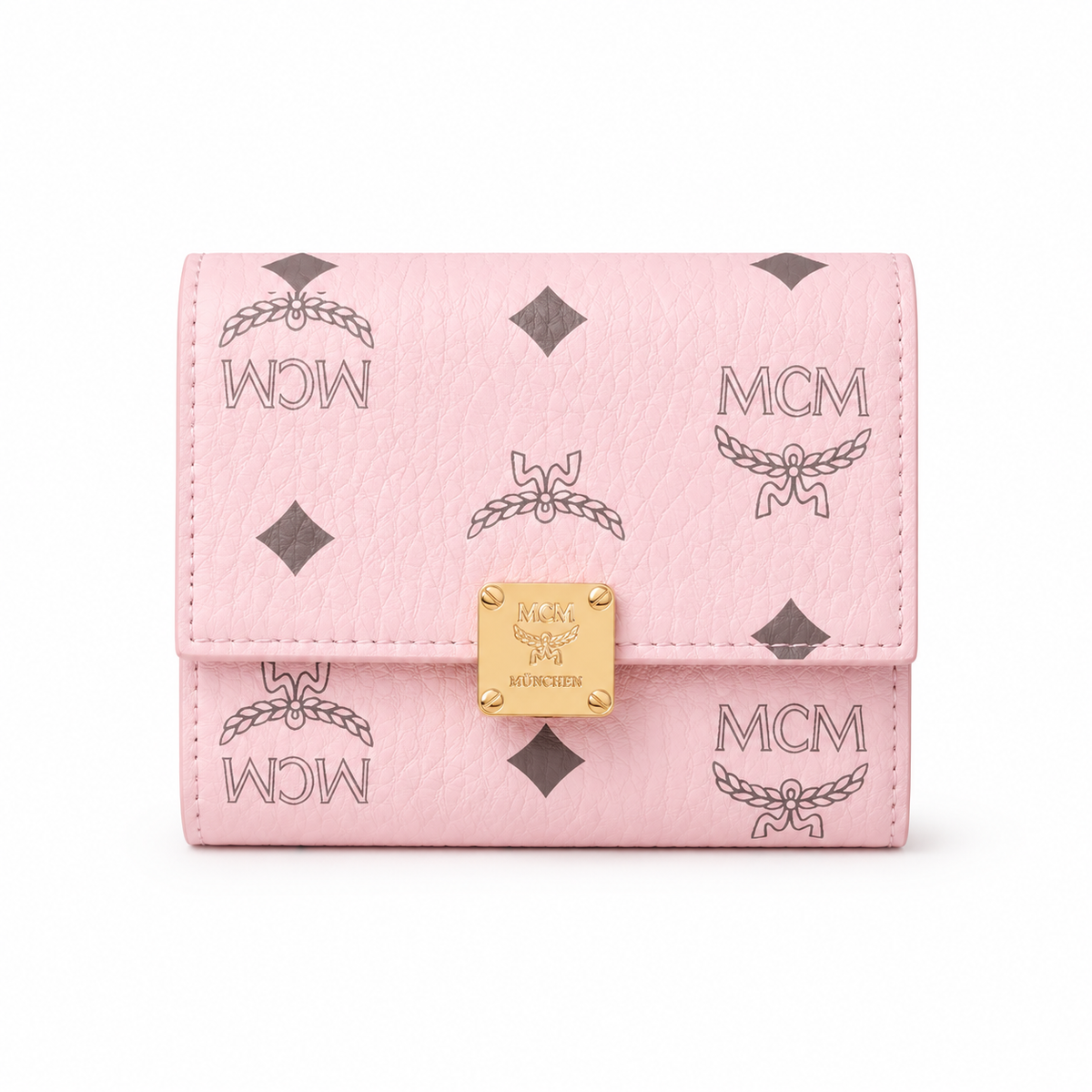 MCM Cherry Blossom Pink All-over Print with Gold Lock Clasp Multi-Card Slots Zippered Compartments Women's Clutch