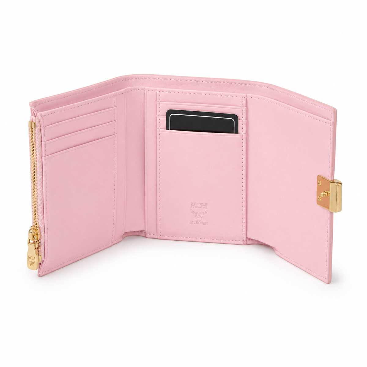 MCM Cherry Blossom Pink All-over Print with Gold Lock Clasp Multi-Card Slots Zippered Compartments Women's Clutch