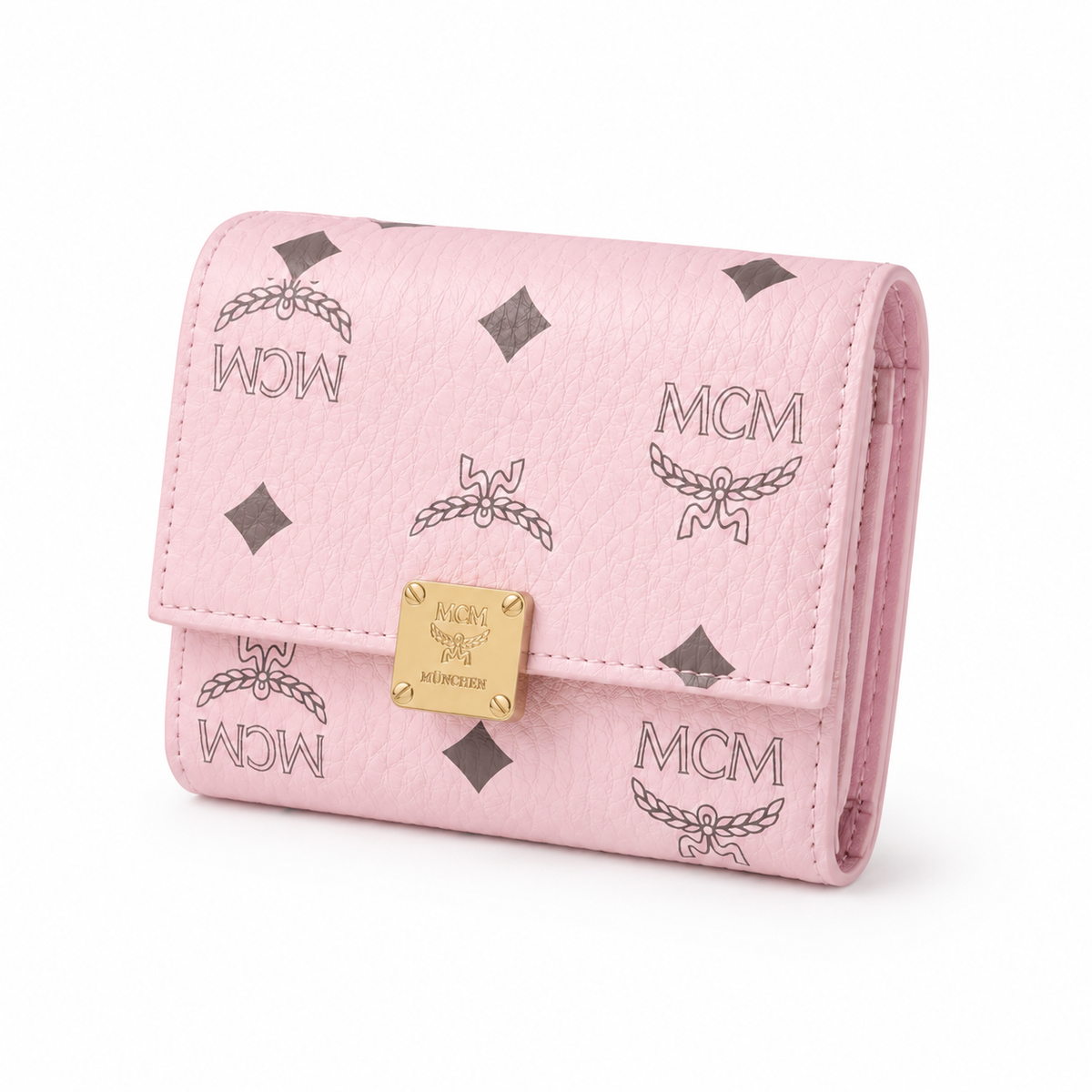 MCM Cherry Blossom Pink All-over Print with Gold Lock Clasp Multi-Card Slots Zippered Compartments Women's Clutch