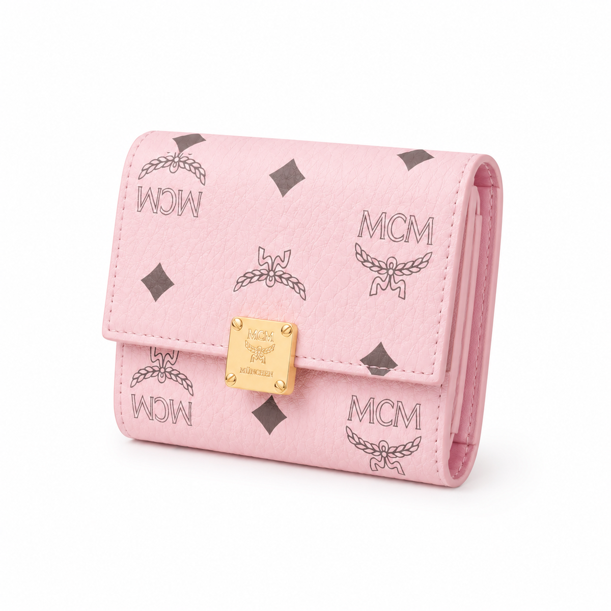 MCM Cherry Blossom Pink All-over Print with Gold Lock Clasp Multi-Card Slots Zippered Compartments Women's Clutch