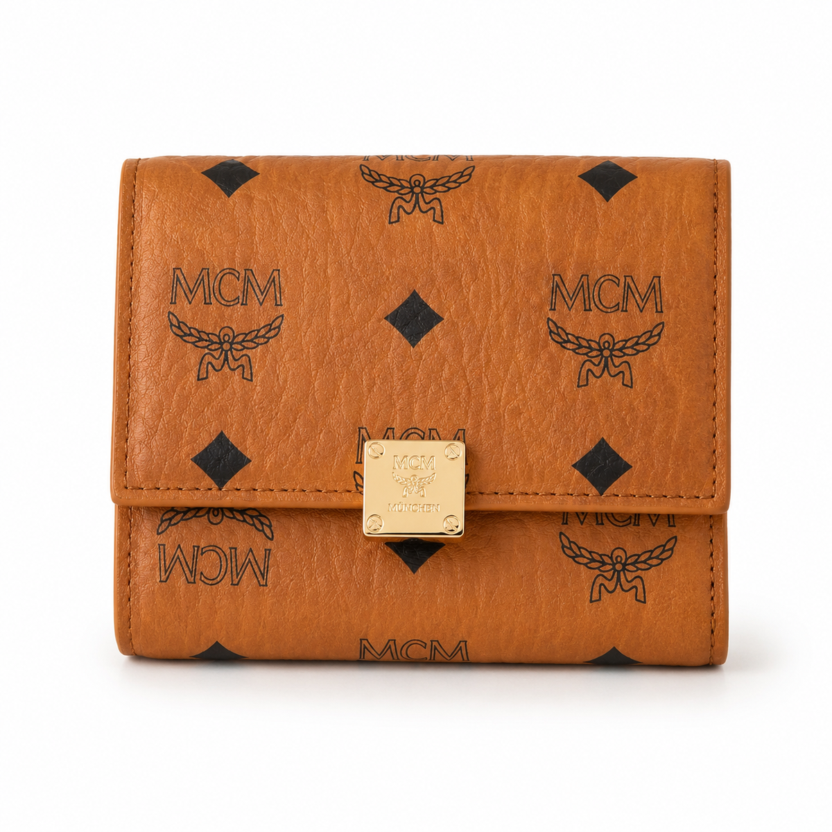 MCM Cognac-colored all-over print with gold clasp women's clutch with multiple card slots and ID window