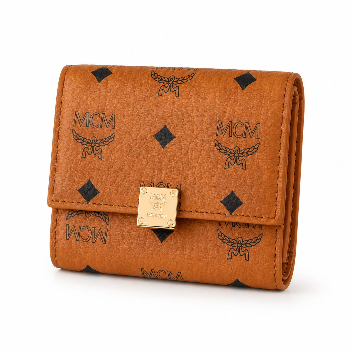 MCM Cognac-colored all-over print with gold clasp women's clutch with multiple card slots and ID window