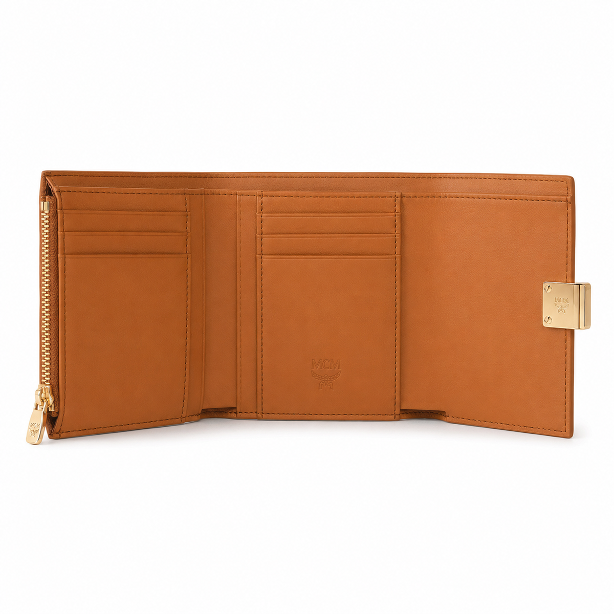 MCM Cognac-colored all-over print with gold clasp women's clutch with multiple card slots and ID window