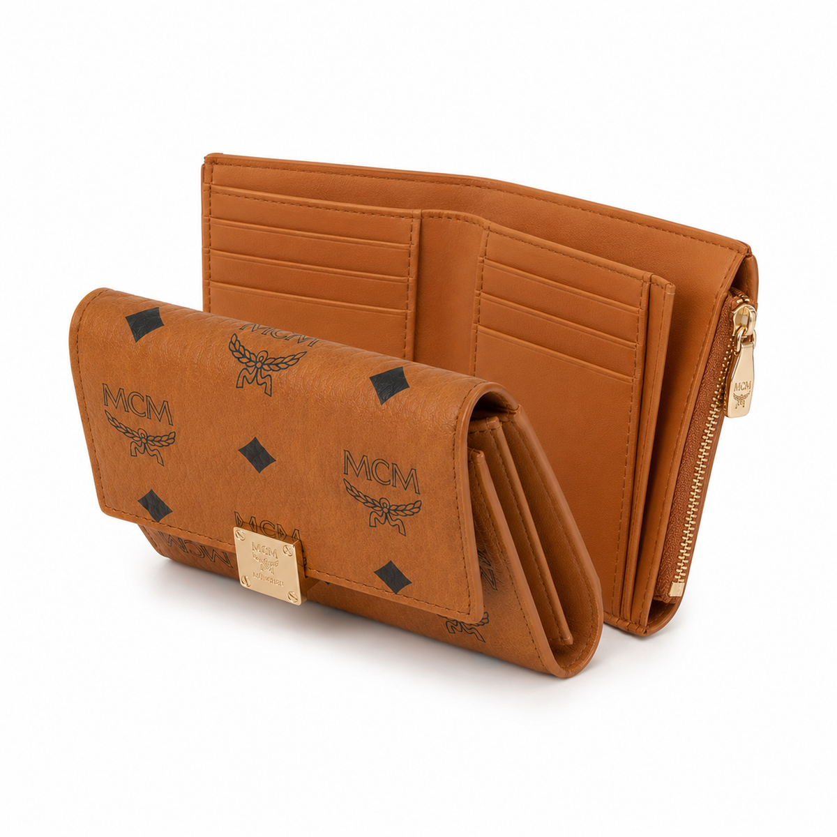 MCM Cognac-colored all-over print with gold clasp women's clutch with multiple card slots and ID window
