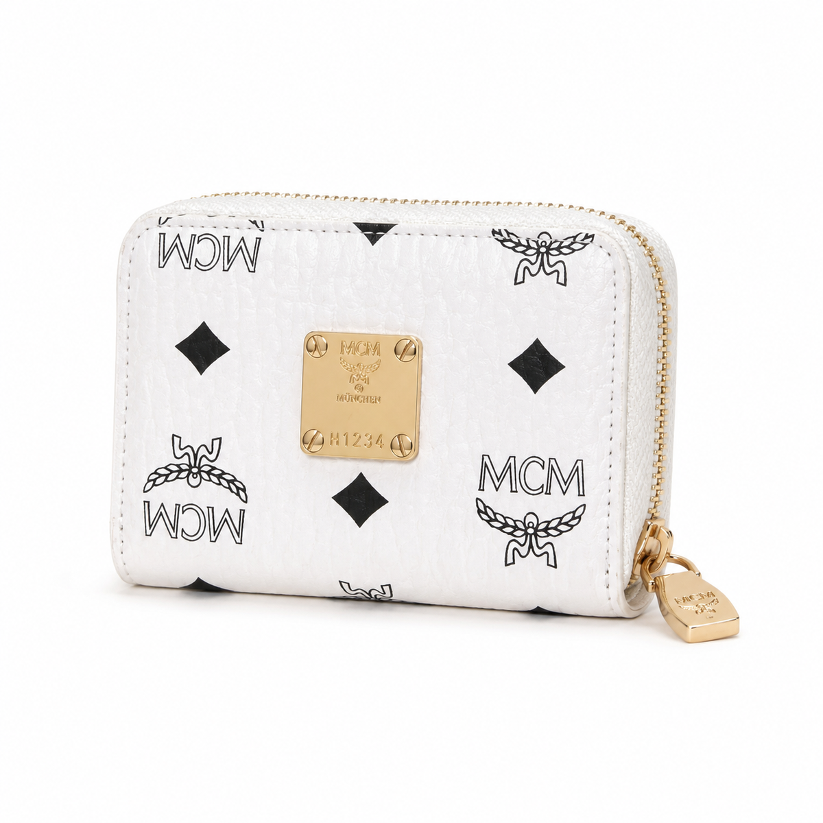 MCM women's clutch bag with white all-over print and gold clasp multiple card slots and zippered compartments
