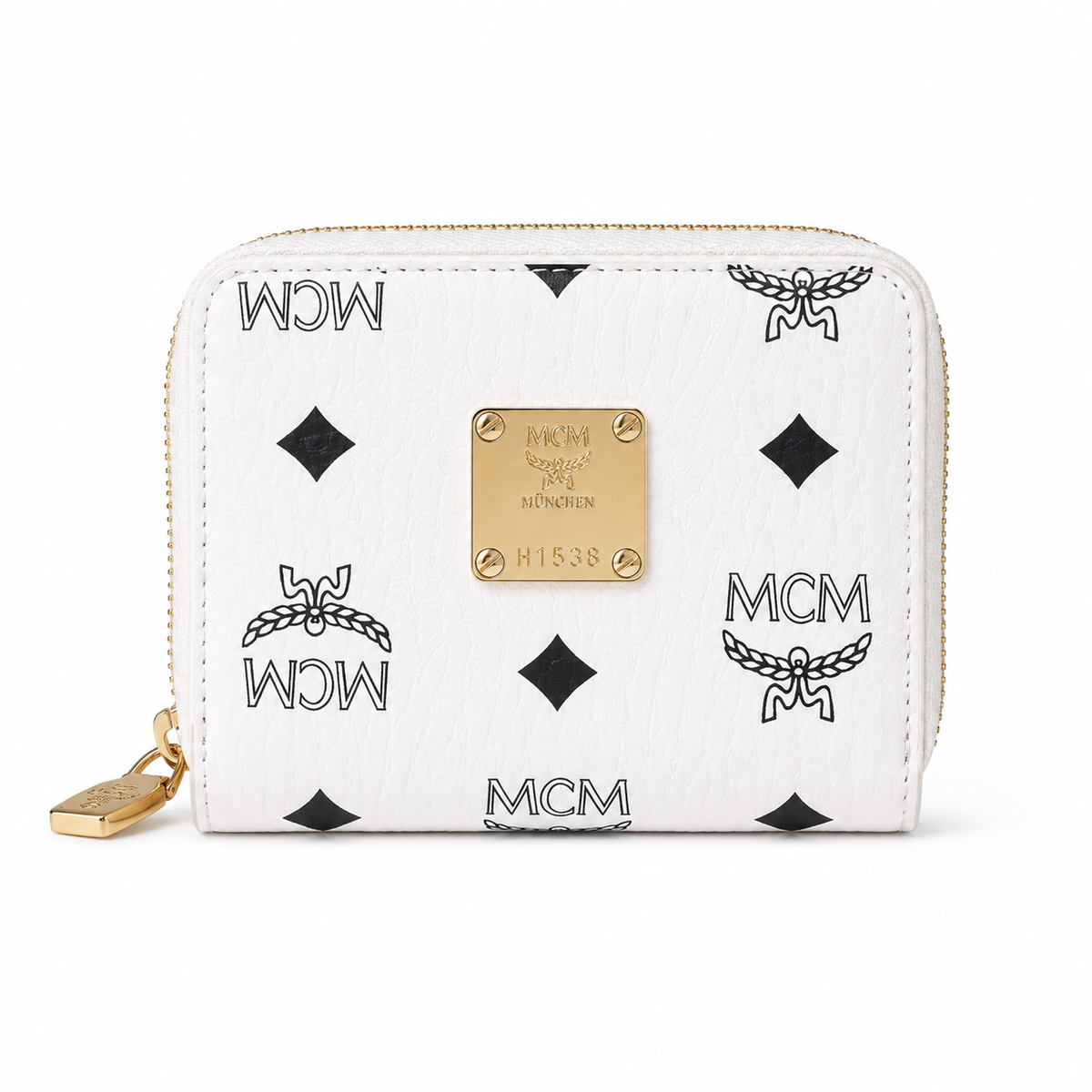 MCM women's clutch bag with white all-over print and gold clasp multiple card slots and zippered compartments