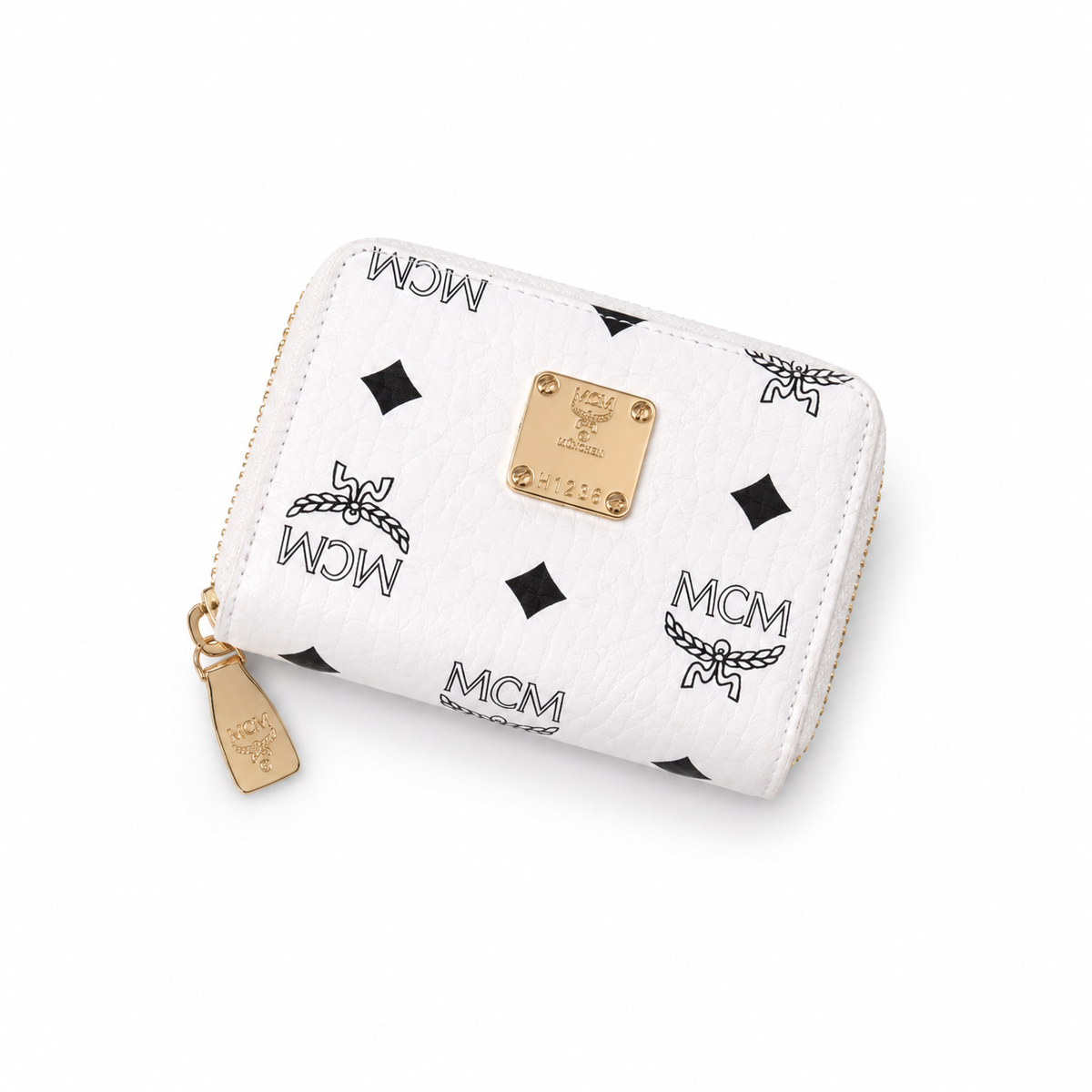 MCM women's clutch bag with white all-over print and gold clasp multiple card slots and zippered compartments