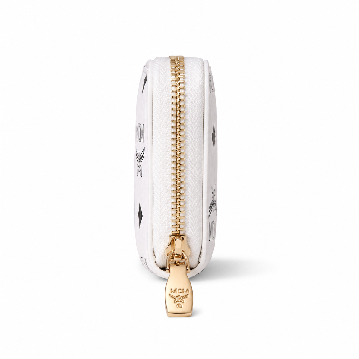 MCM women's clutch bag with white all-over print and gold clasp multiple card slots and zippered compartments