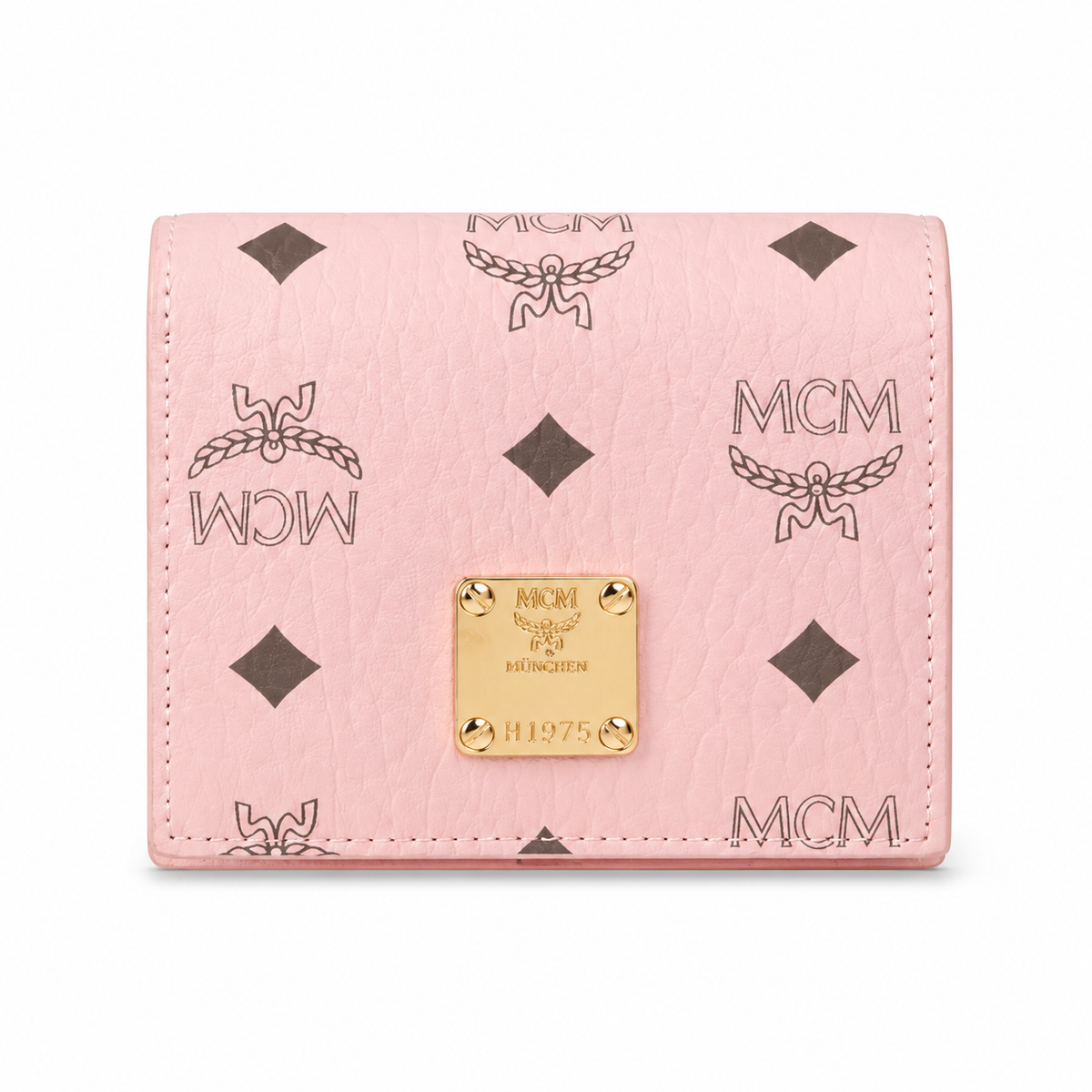 MCM white all-over print with gold clasp multi-card slot zippered clutch for women