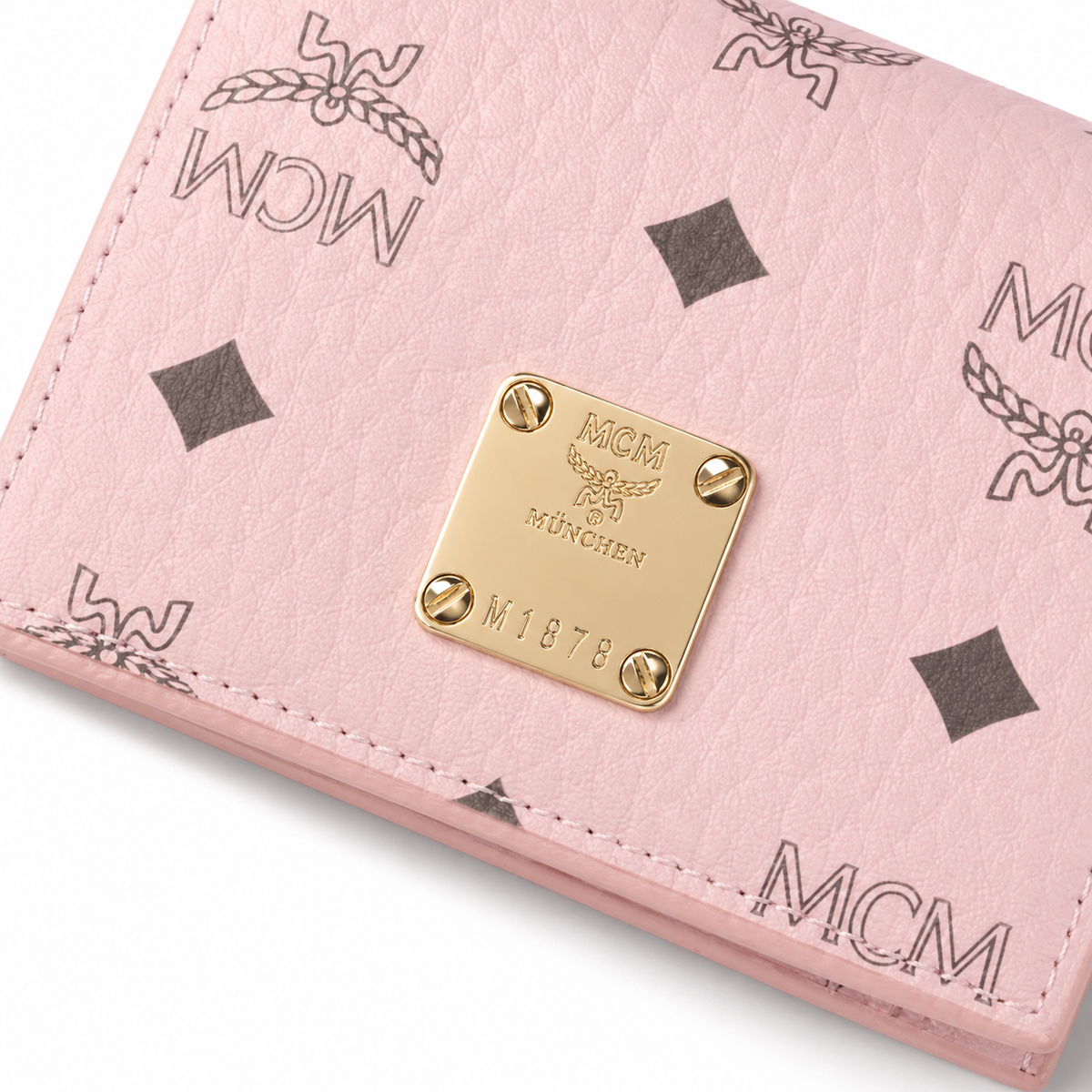 MCM white all-over print with gold clasp multi-card slot zippered clutch for women