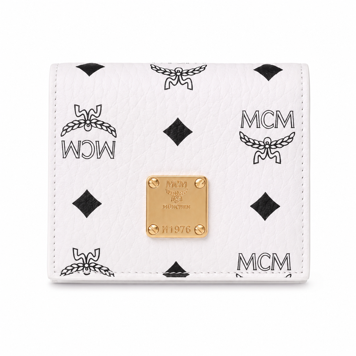 MCM V White All-over Print with Gold Lock Clasp Women's Clutch with Multiple Card Slots and ID Window