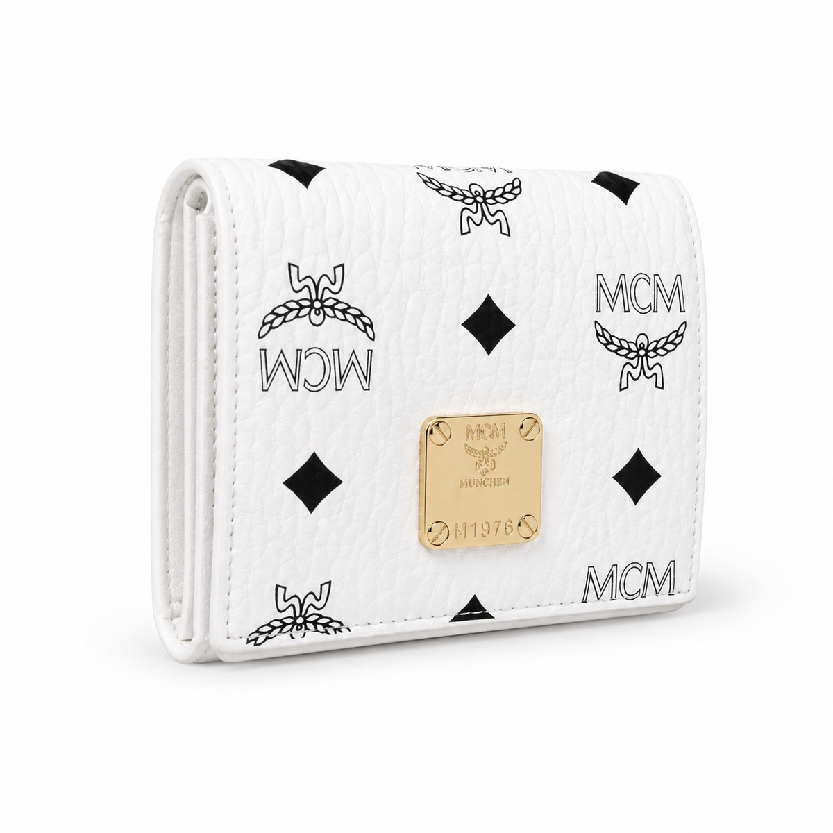 MCM V White All-over Print with Gold Lock Clasp Women's Clutch with Multiple Card Slots and ID Window