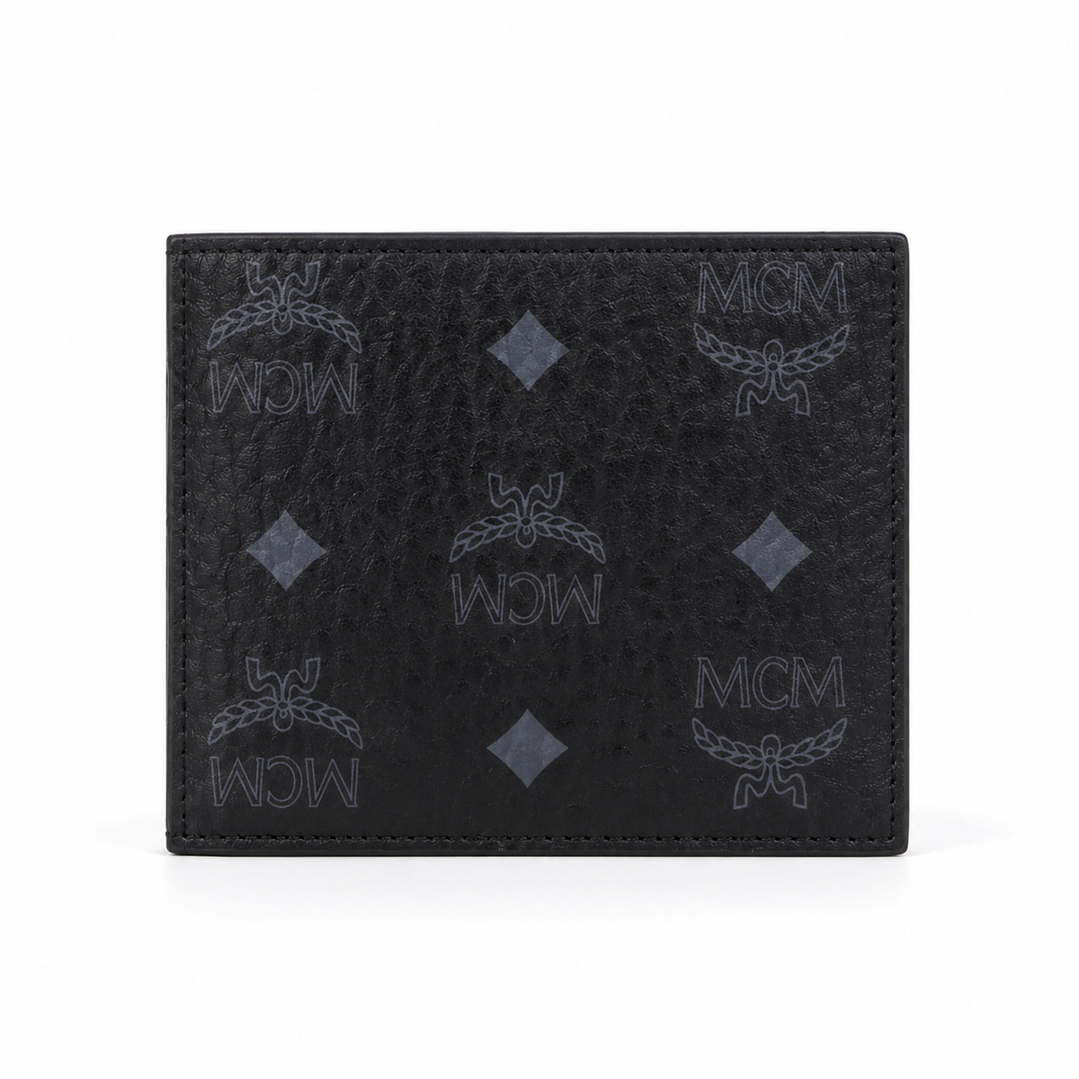MCM women's clutch bag with all-over print in black and gold clasp featuring multiple card slots and zippered compartments