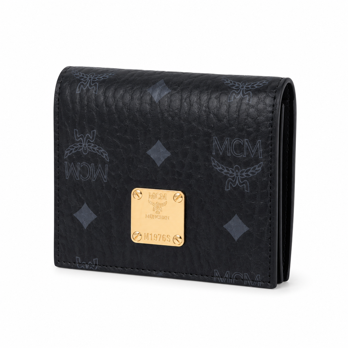 MCM women's clutch bag with all-over print in black and gold clasp featuring multiple card slots and zippered compartments