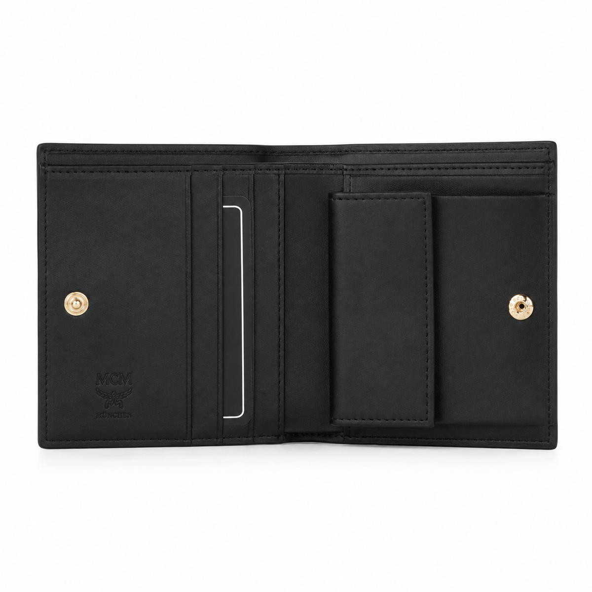 MCM women's clutch bag with all-over print in black and gold clasp featuring multiple card slots and zippered compartments