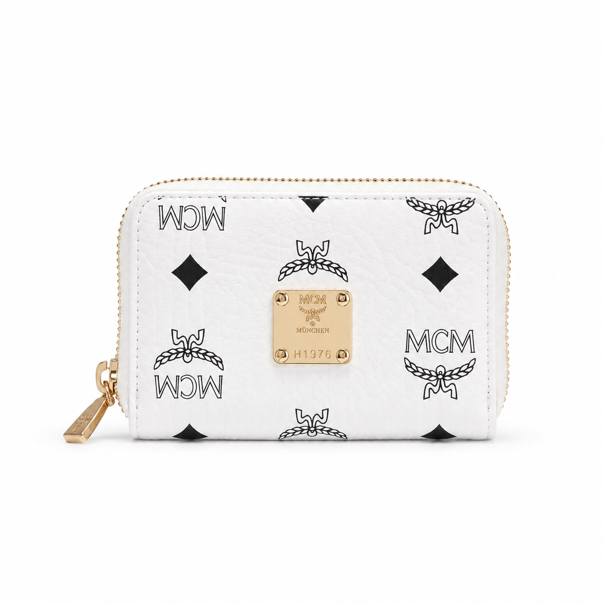 MCM Women's Clutch Bag with White All-over Print and Gold Lock Multiple Card Slots and Zipper Compartments Product Details