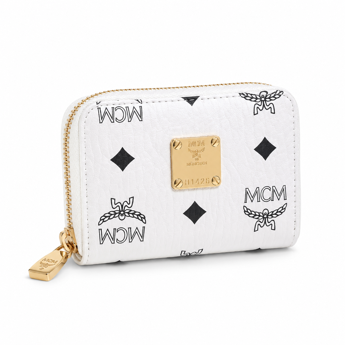 MCM Women's Clutch Bag with White All-over Print and Gold Lock Multiple Card Slots and Zipper Compartments Product Details