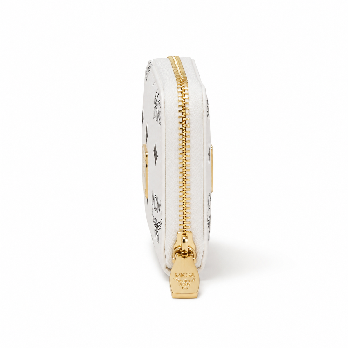 MCM Women's Clutch Bag with White All-over Print and Gold Lock Multiple Card Slots and Zipper Compartments Product Details
