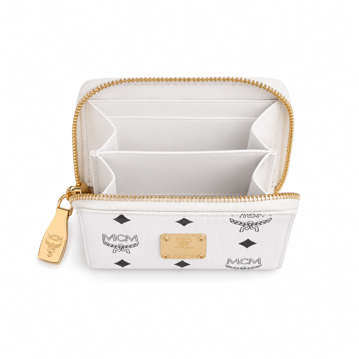 MCM Women's Clutch Bag with White All-over Print and Gold Lock Multiple Card Slots and Zipper Compartments Product Details