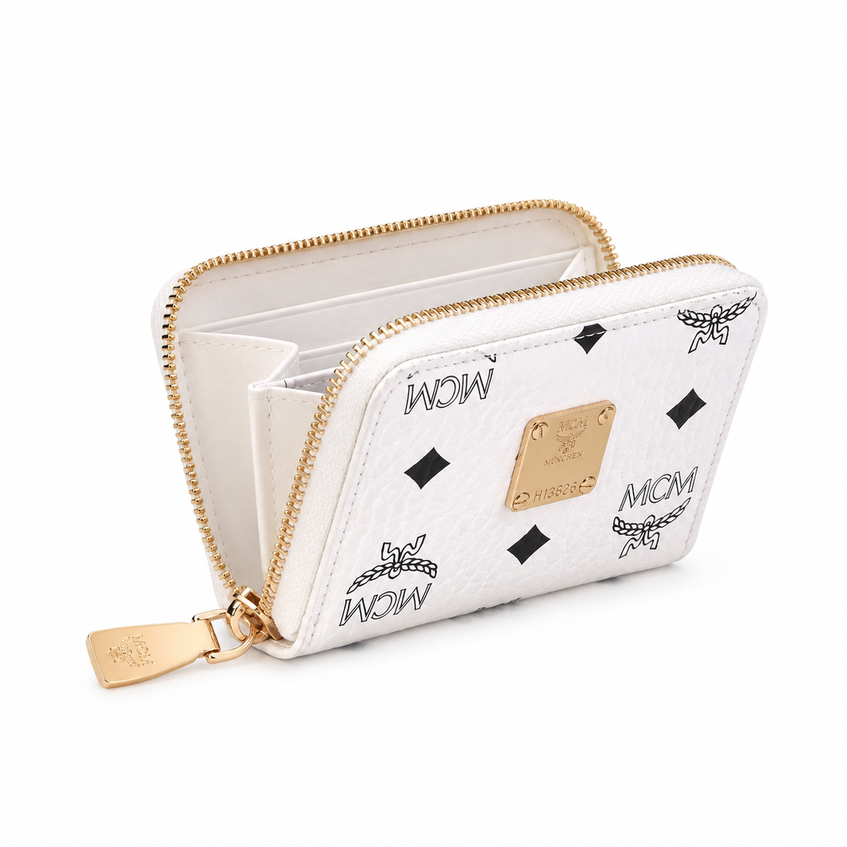MCM Women's Clutch Bag with White All-over Print and Gold Lock Multiple Card Slots and Zipper Compartments Product Details