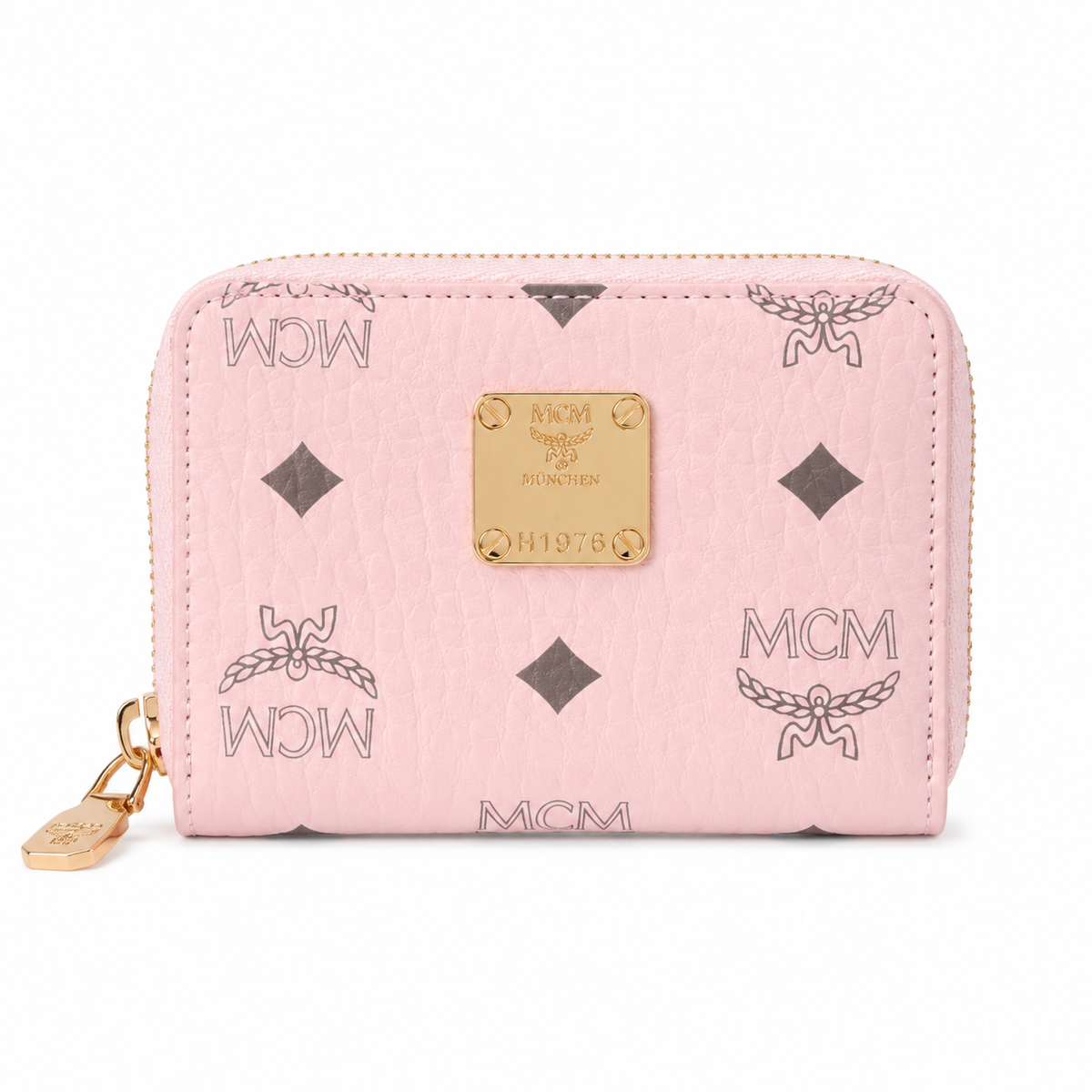 MCM cherry blossom pink all-over print + gold clasp multi-card slot zippered clutch for women
