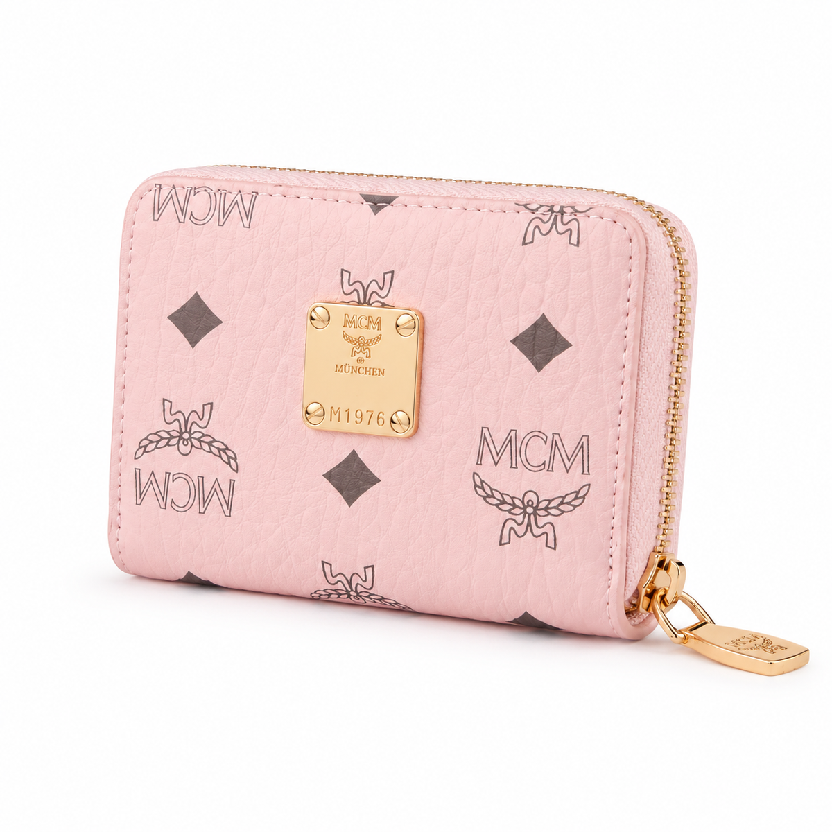 MCM cherry blossom pink all-over print + gold clasp multi-card slot zippered clutch for women