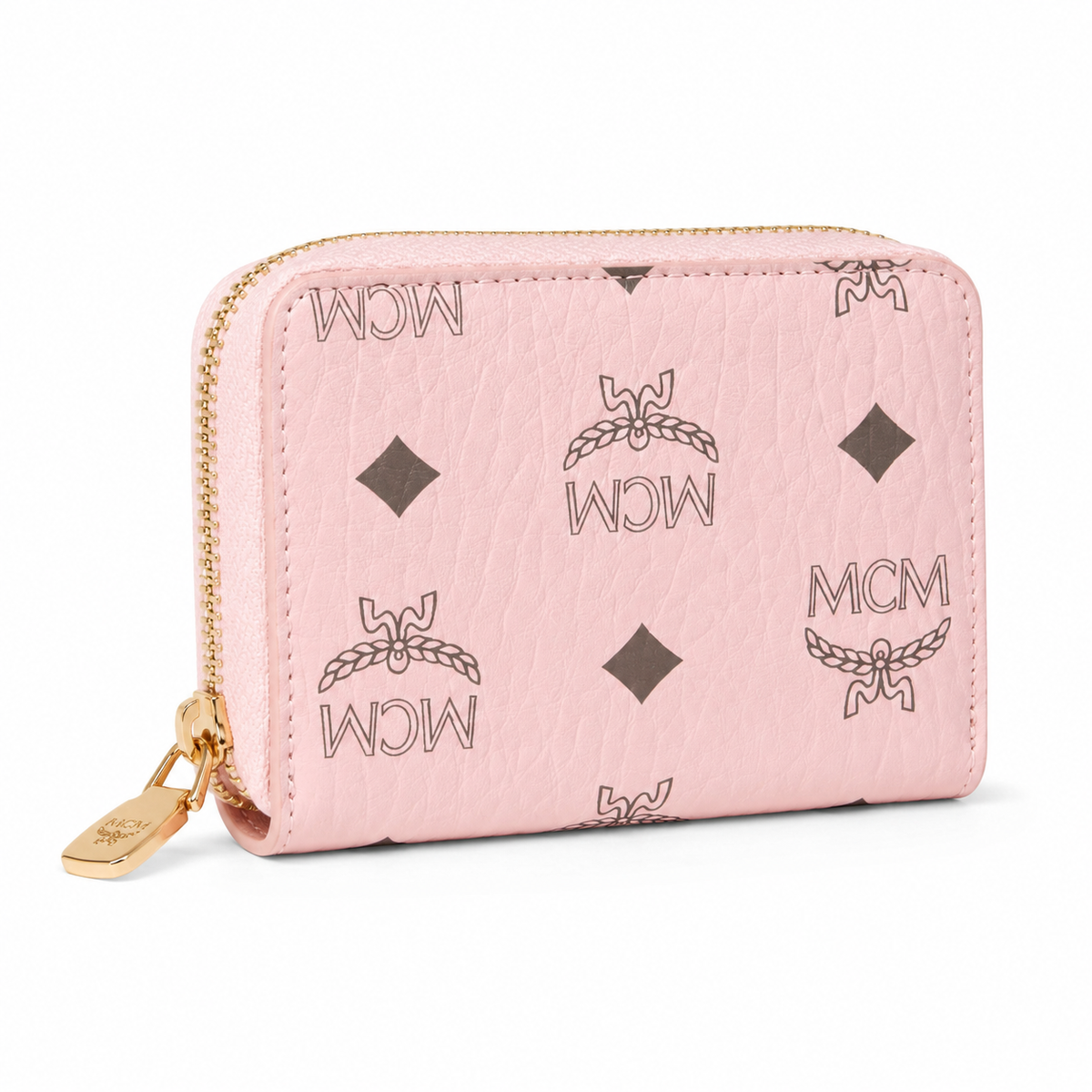 MCM cherry blossom pink all-over print + gold clasp multi-card slot zippered clutch for women