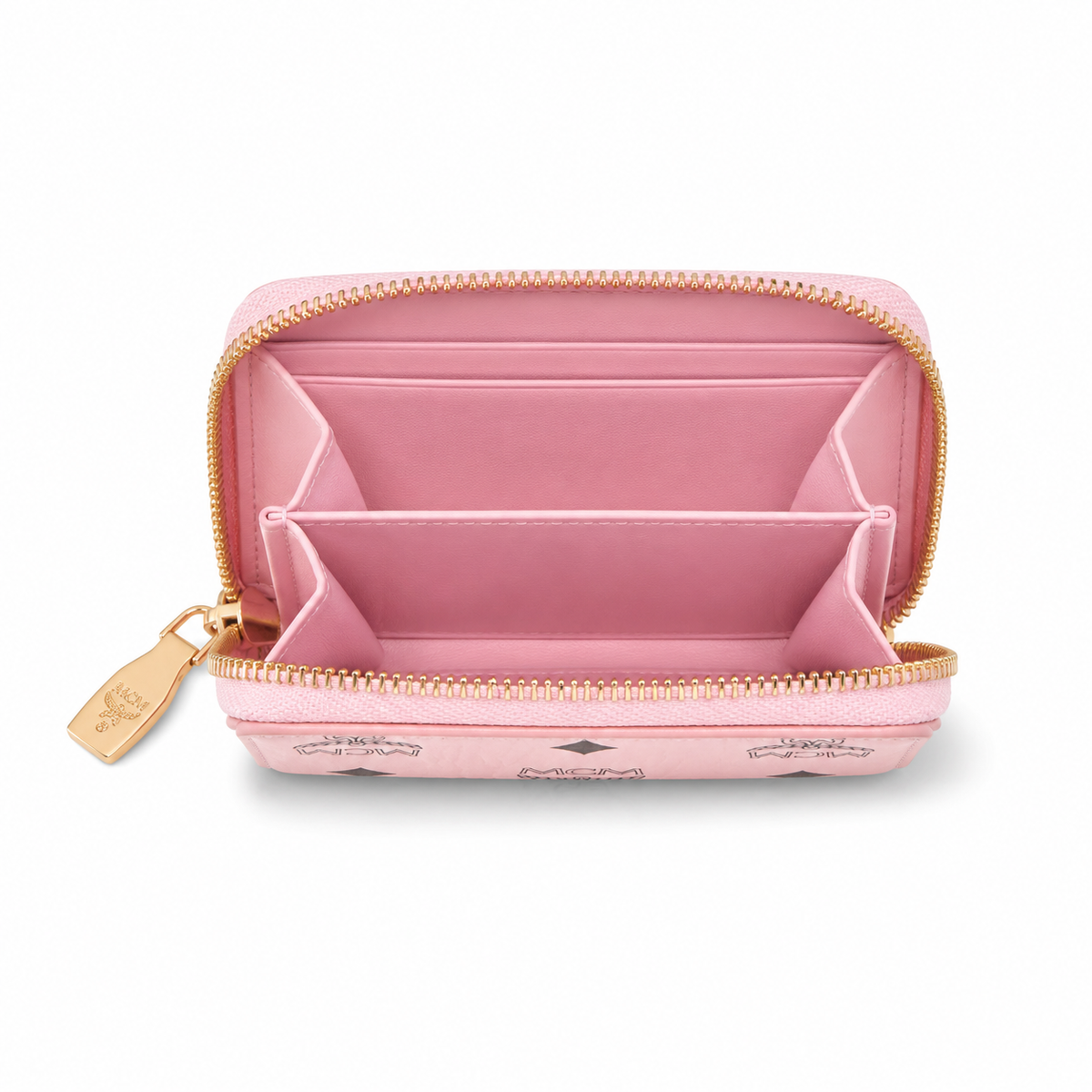MCM cherry blossom pink all-over print + gold clasp multi-card slot zippered clutch for women