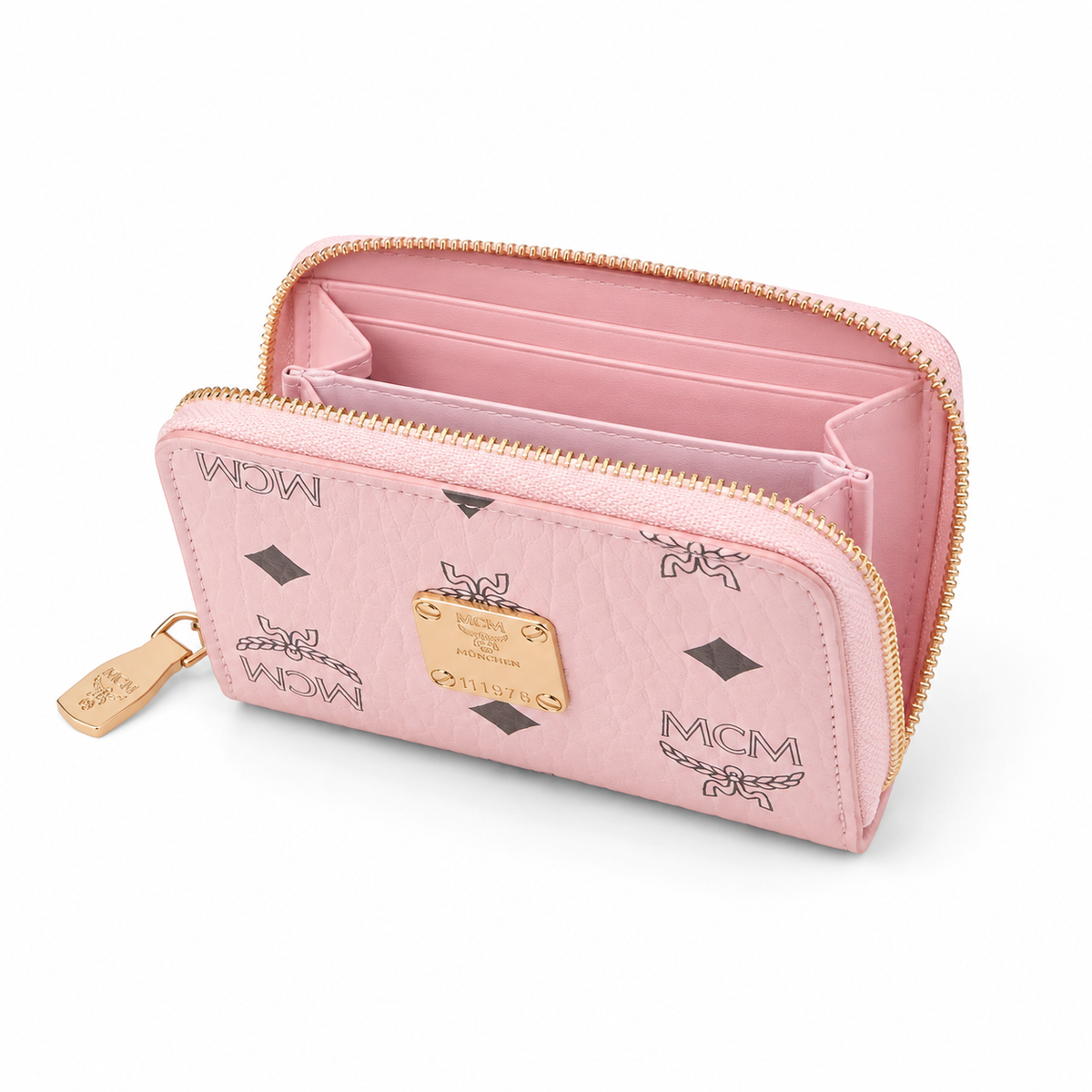 MCM cherry blossom pink all-over print + gold clasp multi-card slot zippered clutch for women