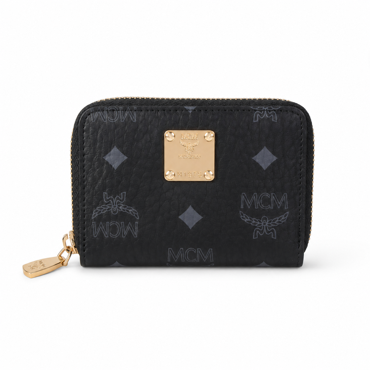 MCM women's clutch bag with all-over print in black and gold clasp featuring multiple card slots and zippered compartments