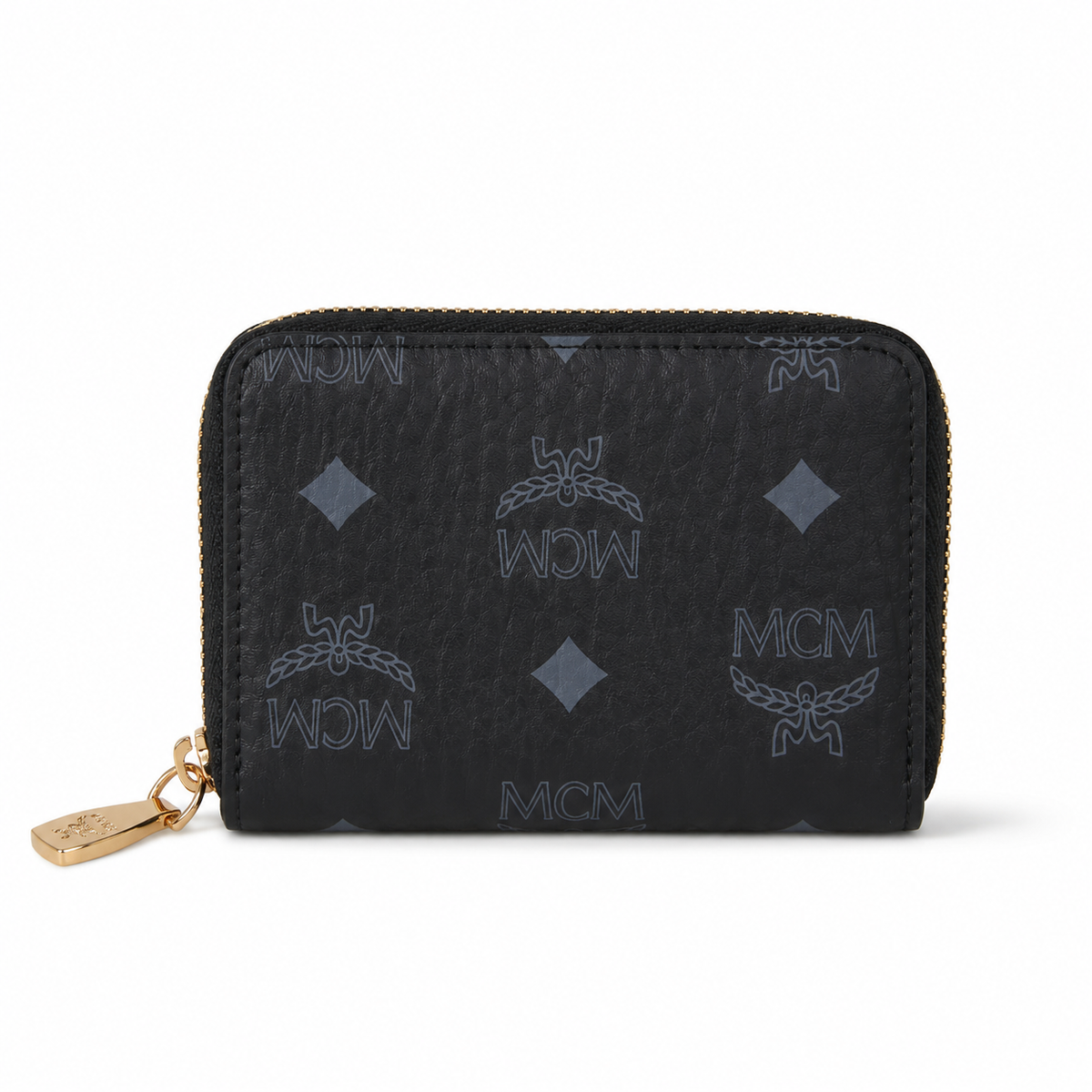 MCM women's clutch bag with all-over print in black and gold clasp featuring multiple card slots and zippered compartments
