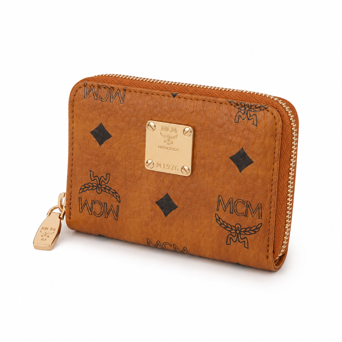 MCM Cognac-colored all-over print with gold clasp multi-card slot zippered clutch for women