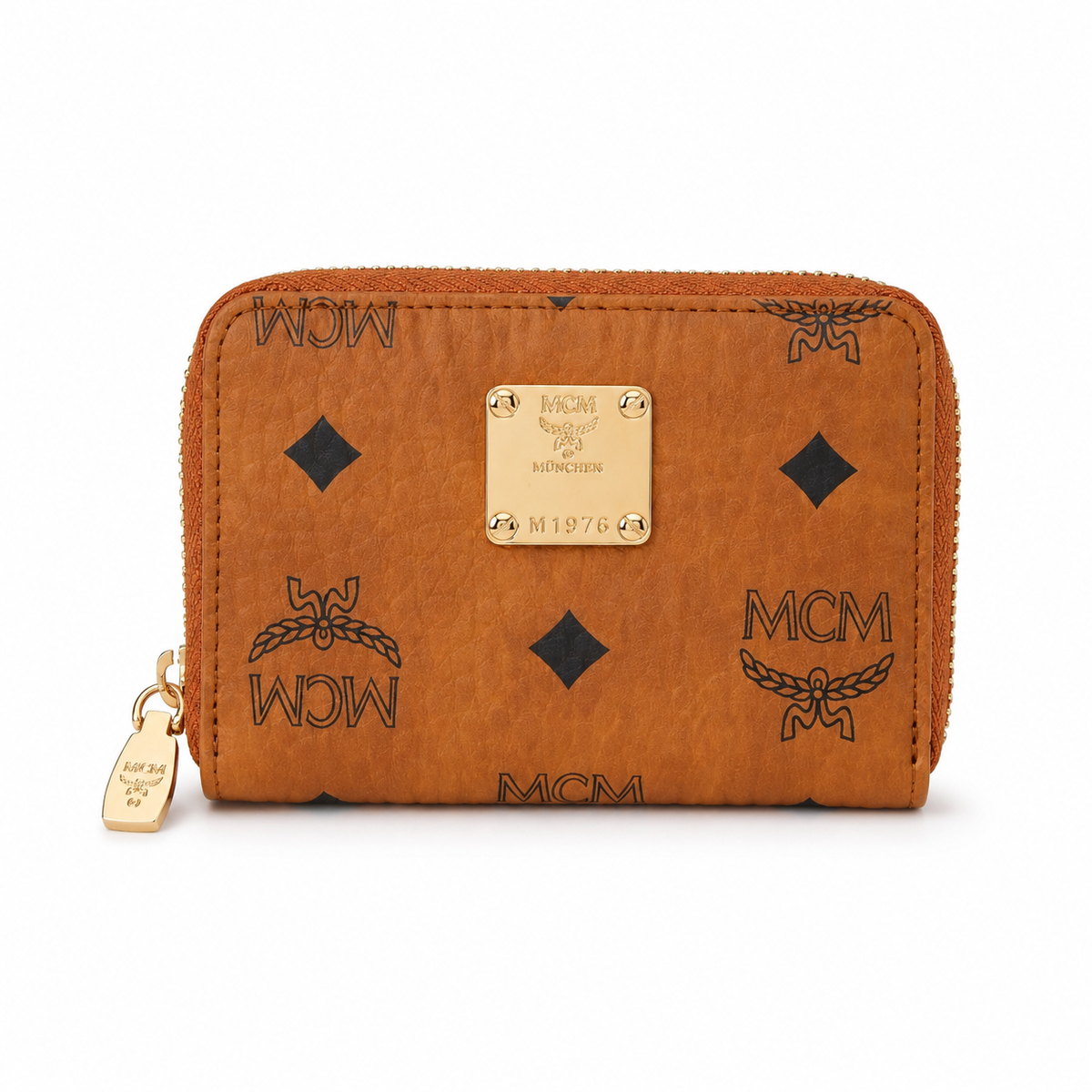 MCM Cognac-colored all-over print with gold clasp multi-card slot zippered clutch for women