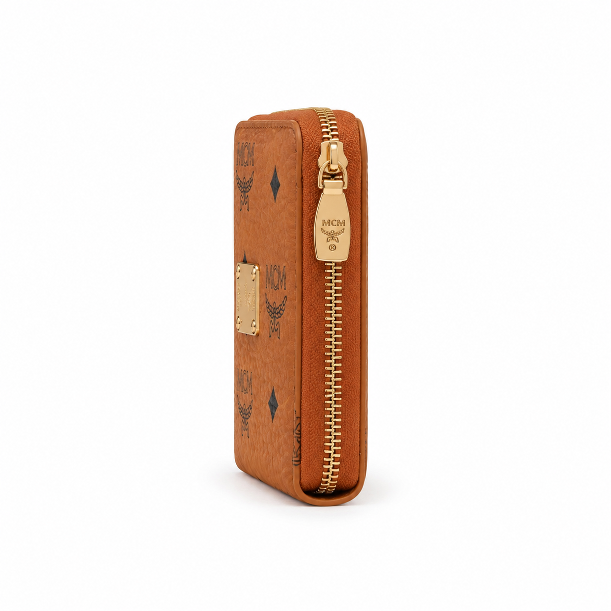MCM Cognac-colored all-over print with gold clasp multi-card slot zippered clutch for women