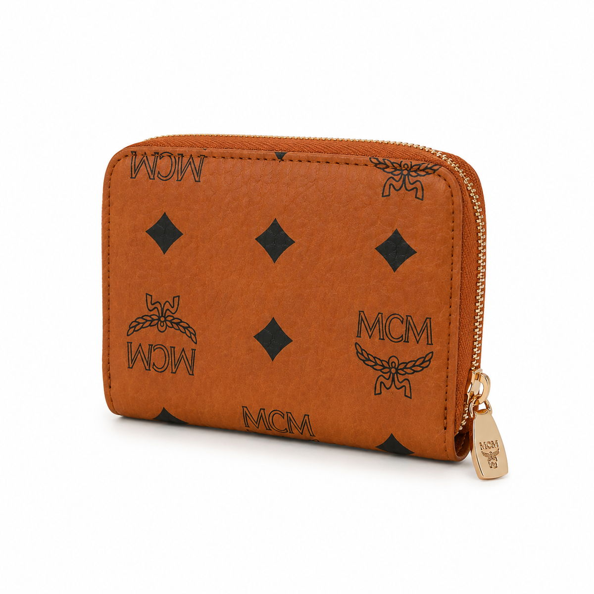 MCM Cognac-colored all-over print with gold clasp multi-card slot zippered clutch for women