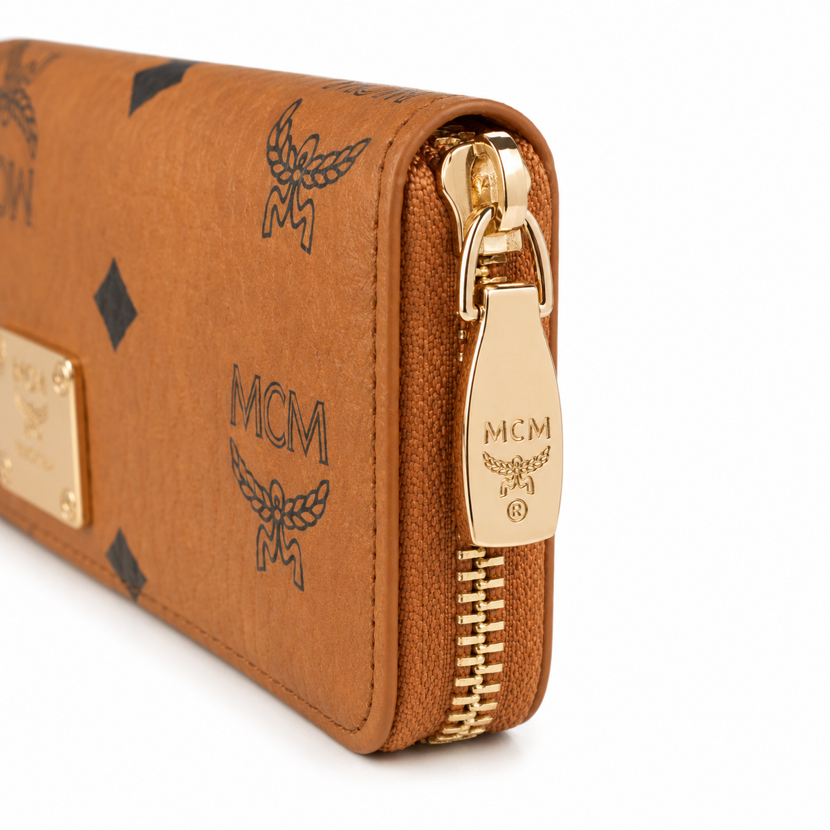 MCM Cognac-colored all-over print with gold clasp multi-card slot zippered clutch for women