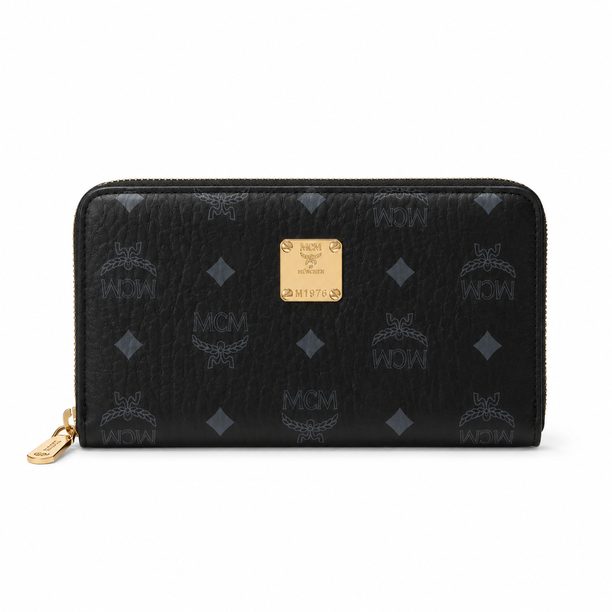 MCM black all-over print with gold clasp multi-card slot zippered clutch for women