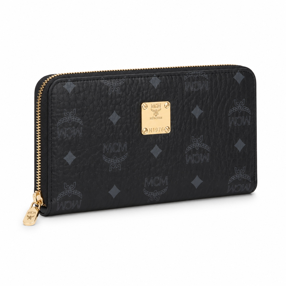 MCM black all-over print with gold clasp multi-card slot zippered clutch for women