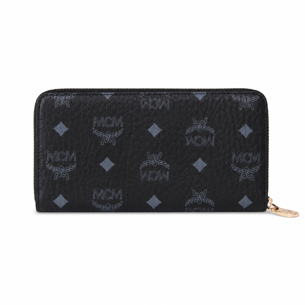 MCM black all-over print with gold clasp multi-card slot zippered clutch for women