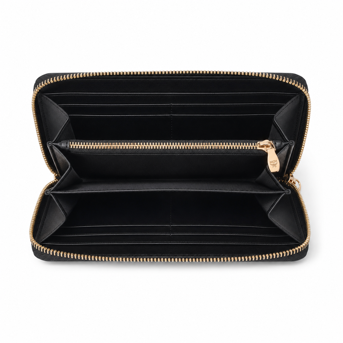MCM black all-over print with gold clasp multi-card slot zippered clutch for women
