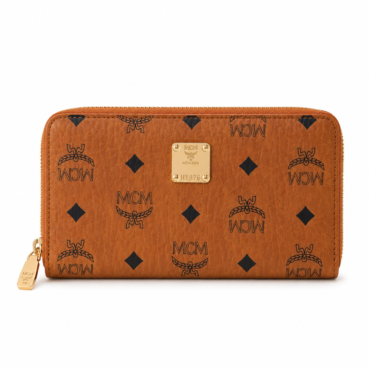 MCM women's clutch bag with all-over print in black and gold clasp featuring multiple card slots and zippered compartments