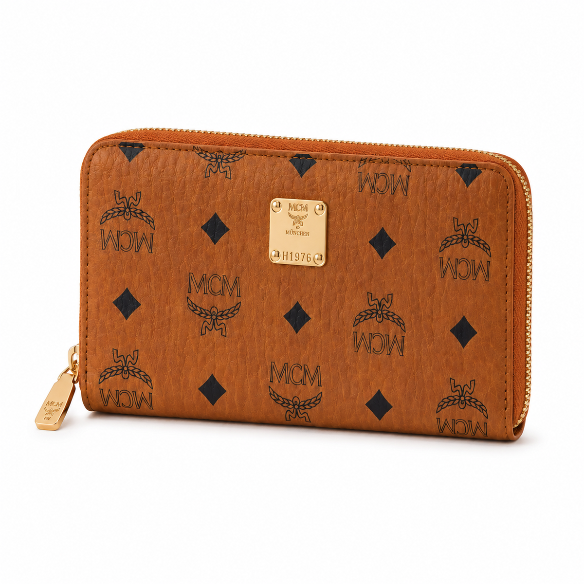 MCM women's clutch bag with all-over print in black and gold clasp featuring multiple card slots and zippered compartments