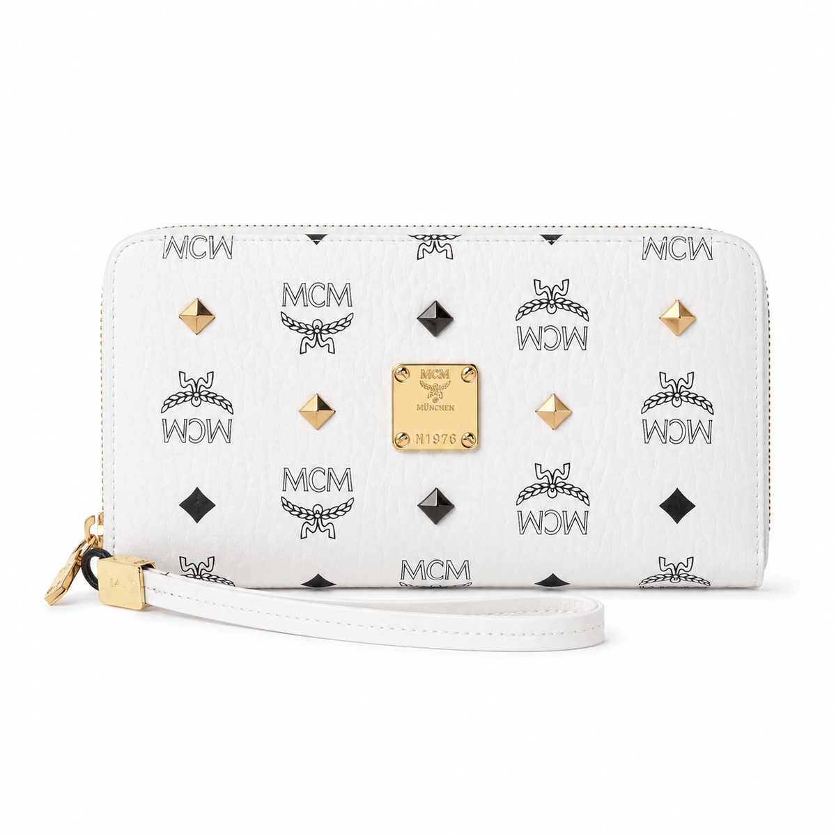 MCM white all-over print with gold clasp multi-card slot zippered clutch for women