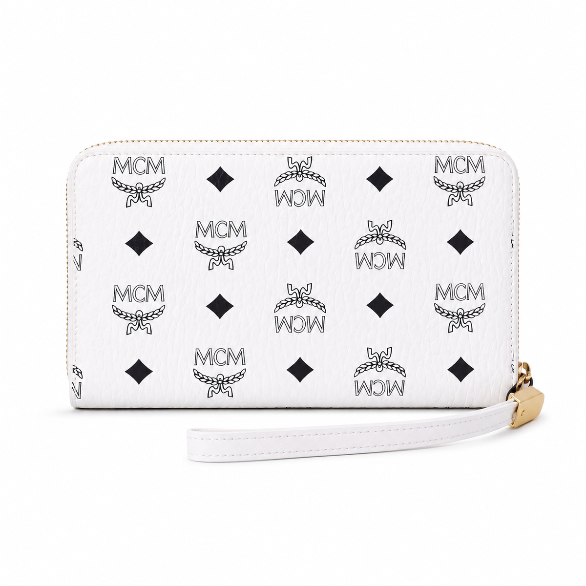 MCM white all-over print with gold clasp multi-card slot zippered clutch for women