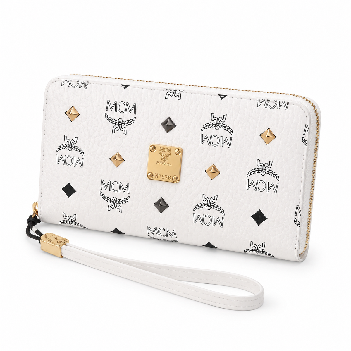 MCM white all-over print with gold clasp multi-card slot zippered clutch for women