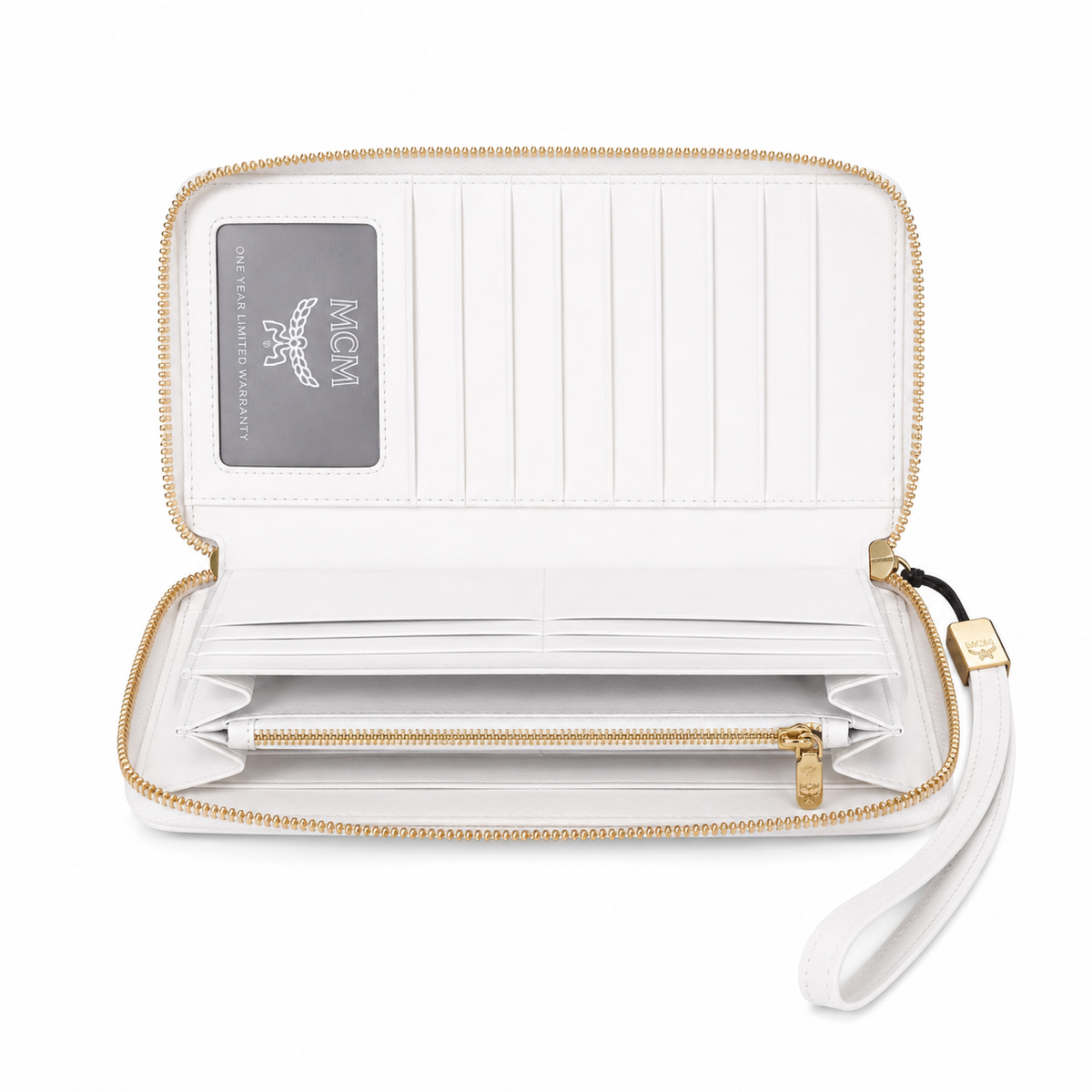 MCM white all-over print with gold clasp multi-card slot zippered clutch for women