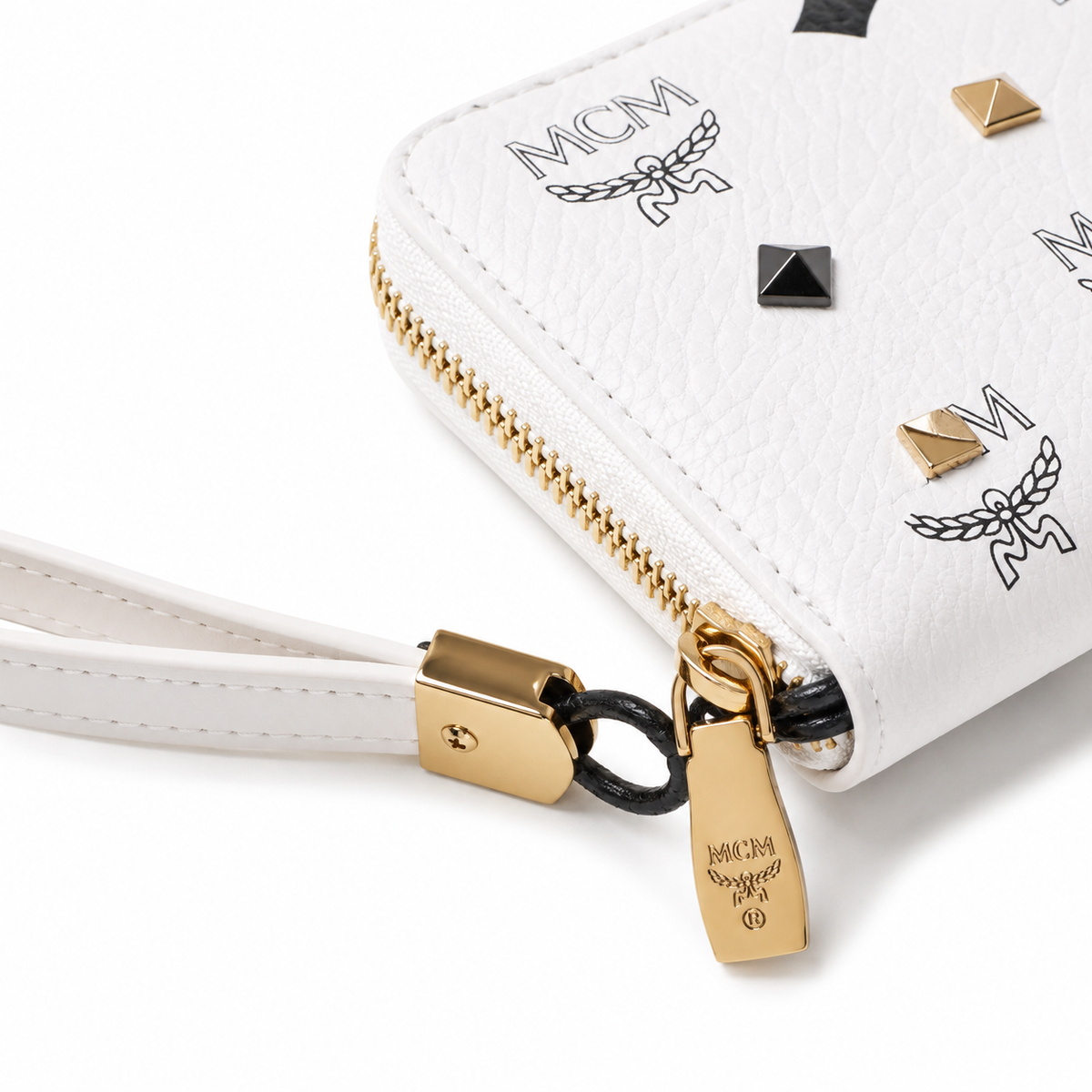 MCM white all-over print with gold clasp multi-card slot zippered clutch for women