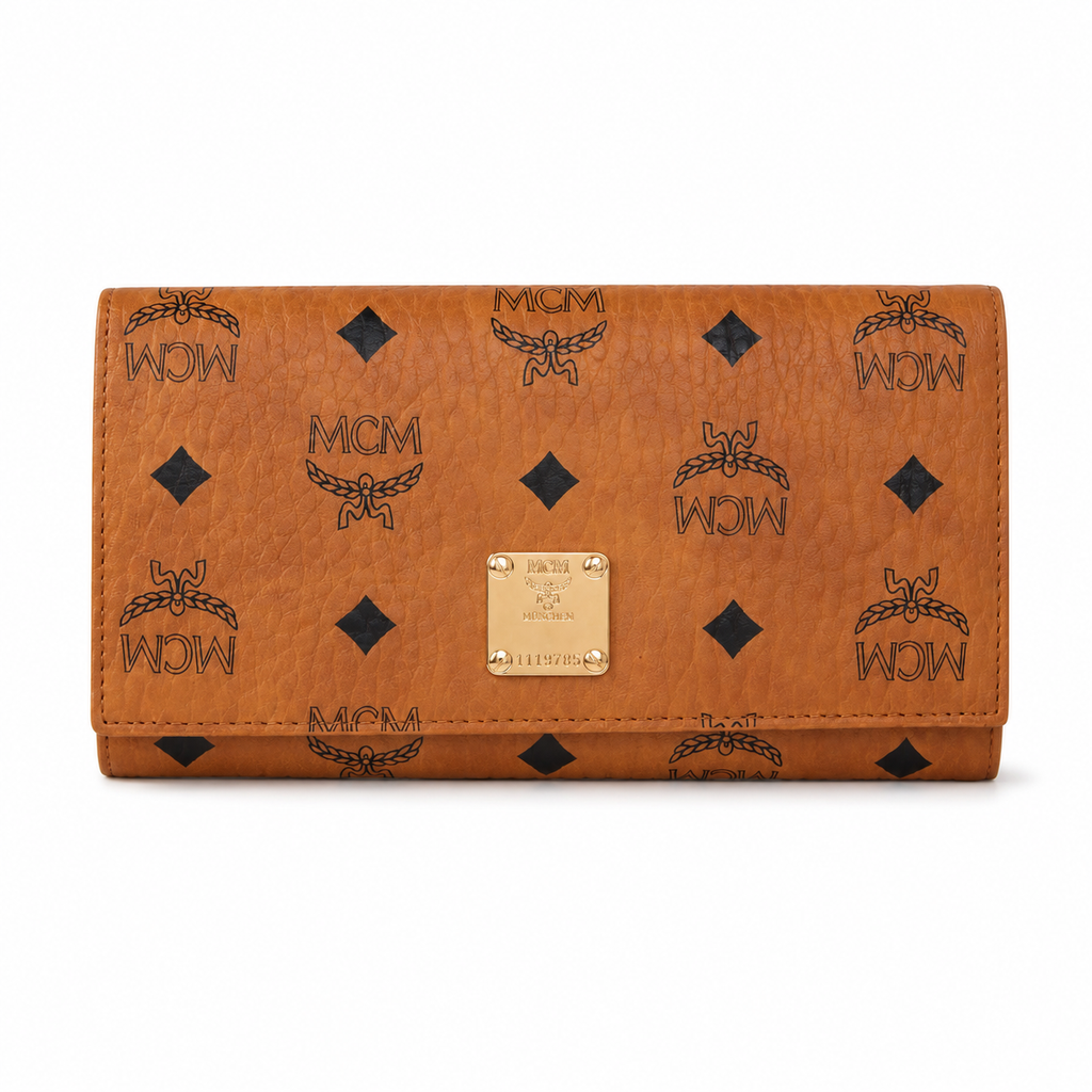 MCM cognac-colored all-over print + gold clasp multi-card slot zippered clutch for women
