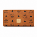 MCM cognac-colored all-over print + gold clasp multi-card slot zippered clutch for women